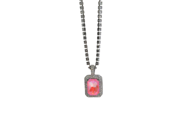 Collar Plateado Rodio Dije Piedra Rosa