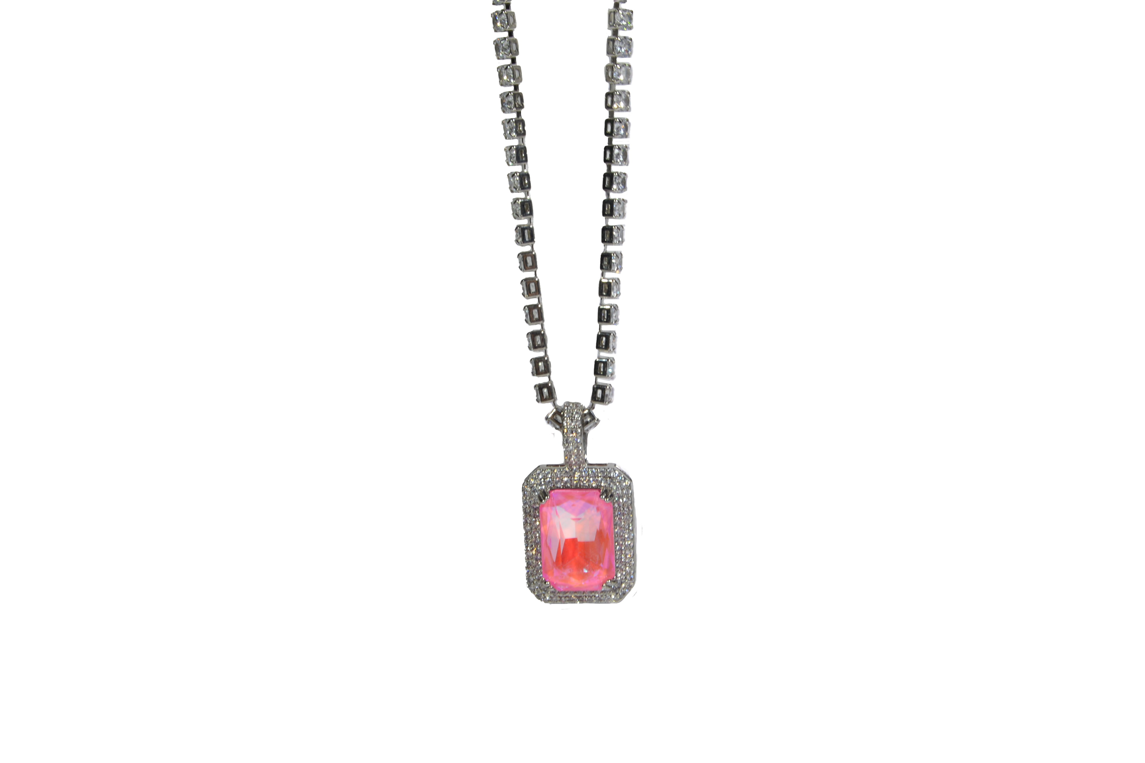 Collar Plateado Rodio Dije Piedra Rosa